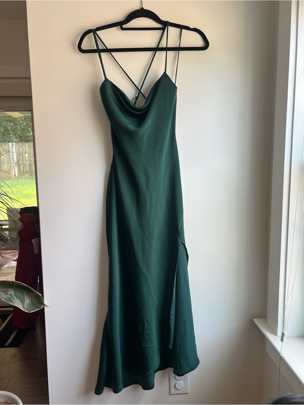 Astr Deep Green Satin Cowl Slip Maxi Dress